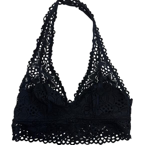 Aerie Top Womens Small Black Halter Bralette Lace V Neck Open Back Boho - Picture 1 of 7